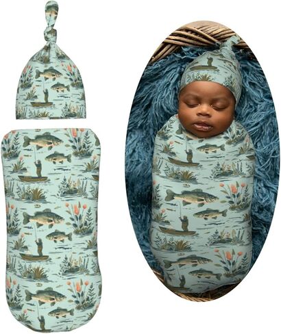 Fisher and Bass Fishes Newborn Swaddle Blankets Hat Sets Soft Baby Receiving Blanket Swaddle Sack for Baby Shower Infant Boy Girl Gift in Saudi Arabia