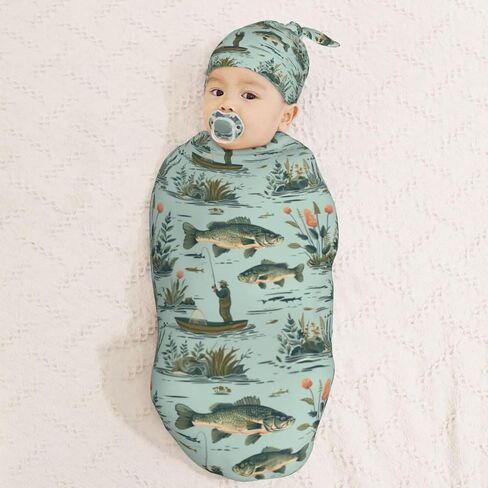 Fisher and Bass Fishes Newborn Swaddle Blankets Hat Sets Soft Baby Receiving Blanket Swaddle Sack for Baby Shower Infant Boy Girl Gift in Saudi Arabia
