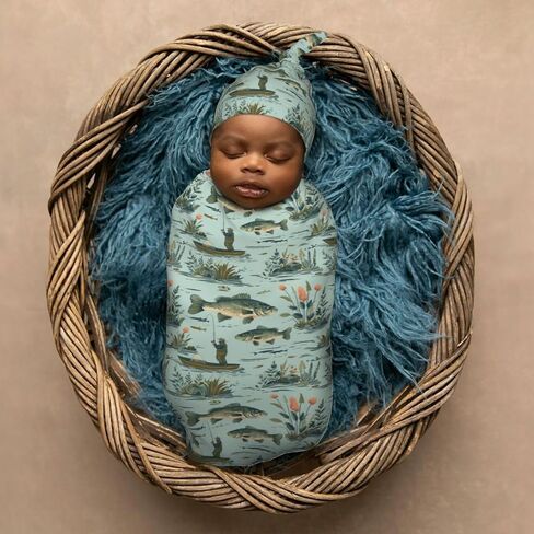Fisher and Bass Fishes Newborn Swaddle Blankets Hat Sets Soft Baby Receiving Blanket Swaddle Sack for Baby Shower Infant Boy Girl Gift in Saudi Arabia