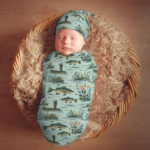 Fisher and Bass Fishes Newborn Swaddle Blankets Hat Sets Soft Baby Receiving Blanket Swaddle Sack for Baby Shower Infant Boy Girl Gift in Saudi Arabia