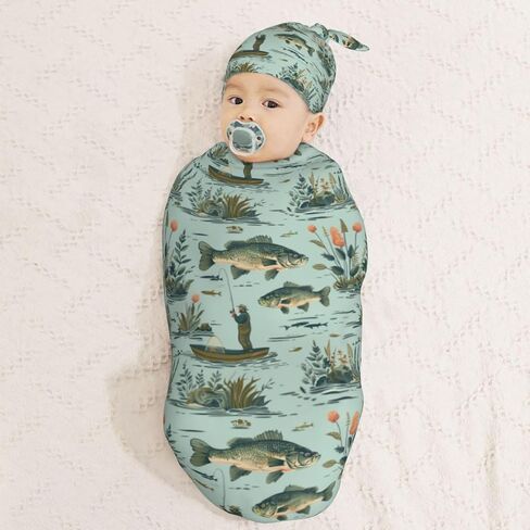 Fisher and Bass Fishes Newborn Swaddle Blankets Hat Sets Soft Baby Receiving Blanket Swaddle Sack for Baby Shower Infant Boy Girl Gift in Saudi Arabia