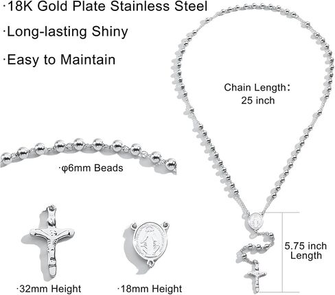 Rosary Beads Catholic Necklace for Women and Men 6mm 18K Gold Plated Stainless Steel Gold Long Crucifix Cross Christian Religious Anglican Prayer Beads Y-Necklace Jewelry with a Gift Box in Saudi Arabia