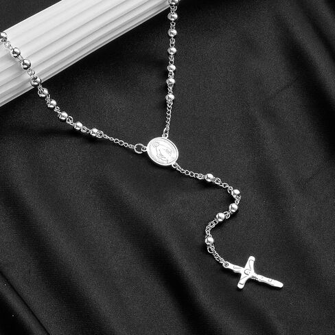 Rosary Beads Catholic Necklace for Women and Men 6mm 18K Gold Plated Stainless Steel Gold Long Crucifix Cross Christian Religious Anglican Prayer Beads Y-Necklace Jewelry with a Gift Box in Saudi Arabia