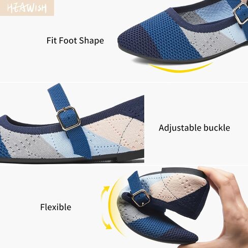 HEAWISH Women's Ballet Flat Shoes Mary Jane Pointed Toe Mesh Flats,Comfortable Slip on Ladies Shoe with Adjustable Strap,Casual Office Dress Flats for Work in Saudi Arabia
