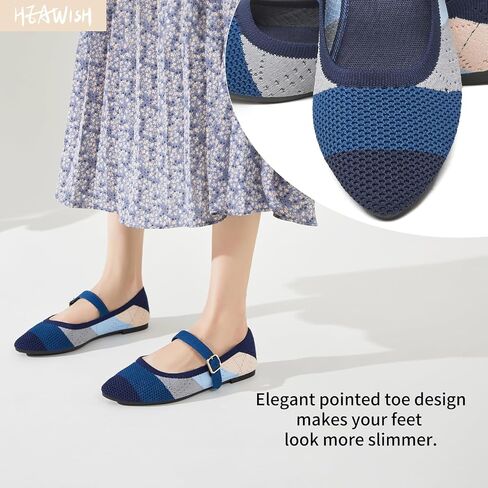 HEAWISH Women's Ballet Flat Shoes Mary Jane Pointed Toe Mesh Flats,Comfortable Slip on Ladies Shoe with Adjustable Strap,Casual Office Dress Flats for Work in Saudi Arabia
