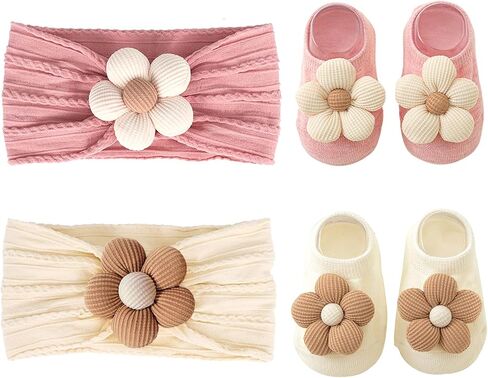 Baby Girl Headbands and Socks,Non-Slip Grips Socks Flower Soft Hairbands Hair Accessories for Infant Toddler Kids (US, Age, 6 Months, 12 Months, pink beige) in Saudi Arabia