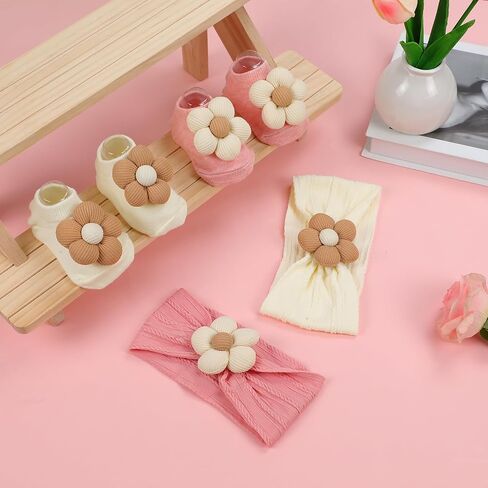 Baby Girl Headbands and Socks,Non-Slip Grips Socks Flower Soft Hairbands Hair Accessories for Infant Toddler Kids (US, Age, 6 Months, 12 Months, pink beige) in Saudi Arabia