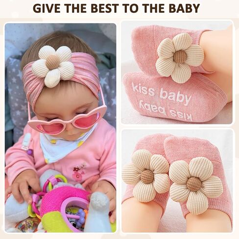 Baby Girl Headbands and Socks,Non-Slip Grips Socks Flower Soft Hairbands Hair Accessories for Infant Toddler Kids (US, Age, 6 Months, 12 Months, pink beige) in Saudi Arabia