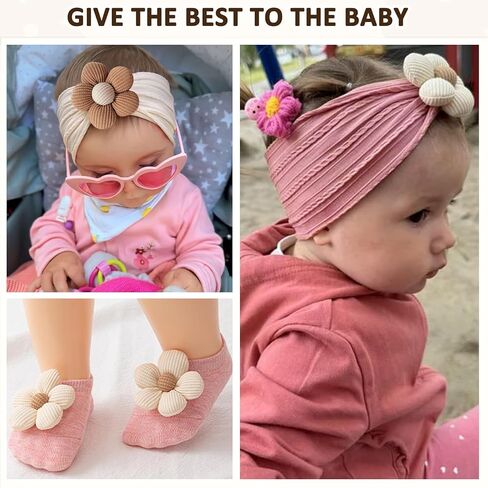 Baby Girl Headbands and Socks,Non-Slip Grips Socks Flower Soft Hairbands Hair Accessories for Infant Toddler Kids (US, Age, 6 Months, 12 Months, pink beige) in Saudi Arabia