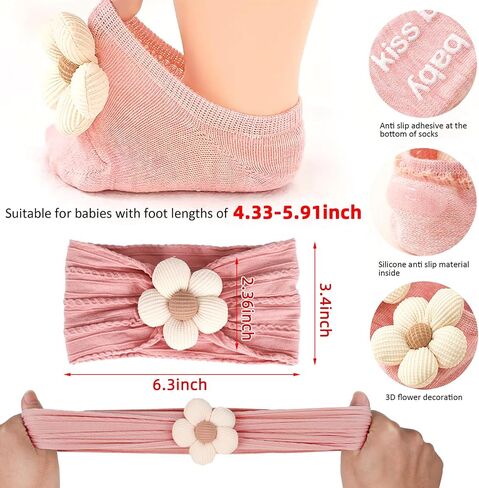 Baby Girl Headbands and Socks,Non-Slip Grips Socks Flower Soft Hairbands Hair Accessories for Infant Toddler Kids (US, Age, 6 Months, 12 Months, pink beige) in Saudi Arabia