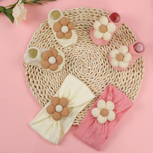 Baby Girl Headbands and Socks,Non-Slip Grips Socks Flower Soft Hairbands Hair Accessories for Infant Toddler Kids (US, Age, 6 Months, 12 Months, pink beige) in Saudi Arabia