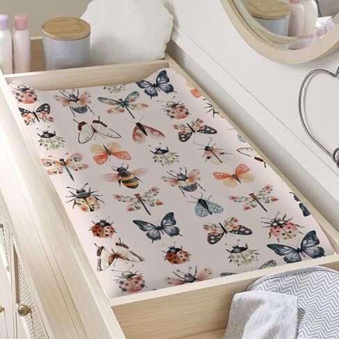 Watercolor Bees Butterflies Moth Floral Baby Changing Table Covers Boy Girl 32''x16'' Spring Forest Beetles Bees Flowers Pink Fitted Diaper Changing Pad Sheets Soft Breathable Nursery Change Table Mat in Saudi Arabia
