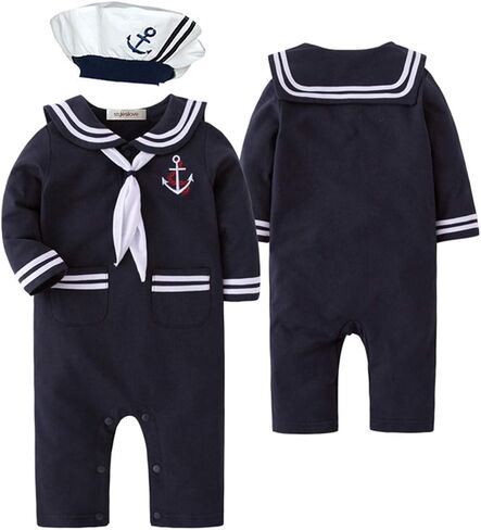 Stylesilove Baby Toddler Boys Marine Sailor Cotton Romper with Hat and Necktie 3pcs Phectival Phemsuit in Kuwait