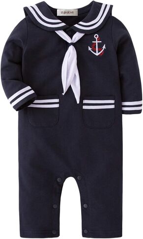 Stylesilove Baby Toddler Boys Marine Sailor Cotton Romper with Hat and Necktie 3pcs Phectival Phemsuit in Kuwait