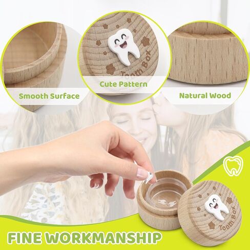 Wooden Tooth Fairy Box, Cute Tooth Fairy Tooth Holder, Tooth Fairy Kit with Tooth Fairy Coin and Transparent Storage Box, 3D Carved First Tooth Keepsake Box for Lost Teeth (Smiley) in Kuwait
