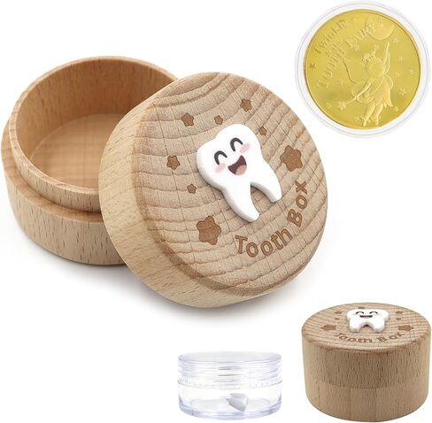 Wooden Tooth Fairy Box, Cute Tooth Fairy Tooth Holder, Tooth Fairy Kit with Tooth Fairy Coin and Transparent Storage Box, 3D Carved First Tooth Keepsake Box for Lost Teeth (Smiley) in Kuwait