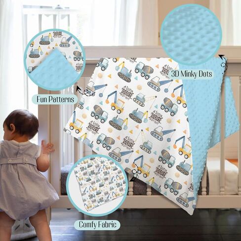 Mink Baby Boy Blanket Blue Yellow Construction ، القليل من القذرة لا تؤذي طبقة مزدوجة منتشرة منتشرة الدعم المتلقي ، وملعب الأطفال المولود الأطفال طفل الحضانة. in Kuwait