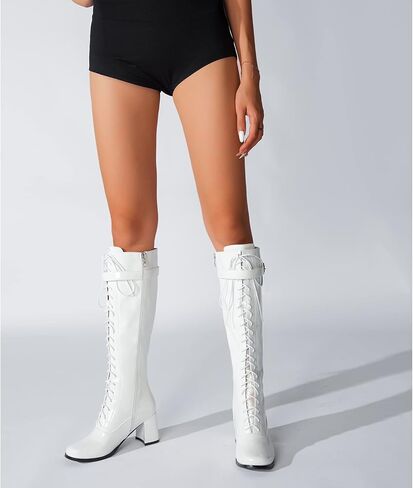 LIURUIJIA Women's Gogo Boots Lace up Knee High Block Heel Side Zipper Riding Boots in Saudi Arabia