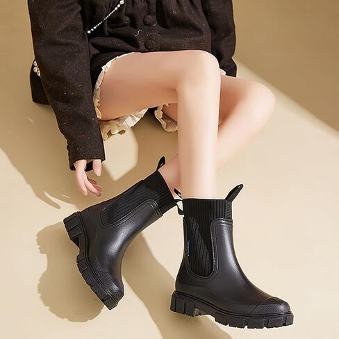 Women'S Waterproof Lug Sole Chelsea Rain Boots Fashion Platform Chunky Heel Rubber Garden Booties Casual Comfortable Non-Slip Outdoor Work Rain Shoes Boots in Saudi Arabia