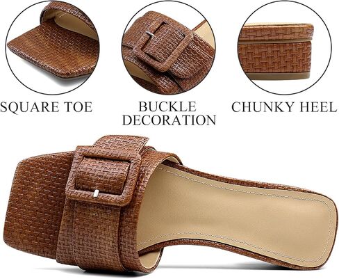 Women's Slide Heeled Sandals Opened Square Toe Chunky Block Heel Slippers with Buckle Slip on Casual Comfortable Pumps in Saudi Arabia