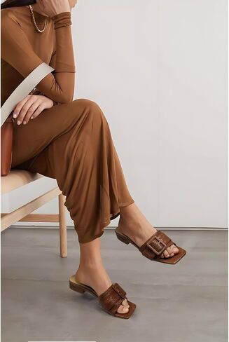 Women's Slide Heeled Sandals Opened Square Toe Chunky Block Heel Slippers with Buckle Slip on Casual Comfortable Pumps in Saudi Arabia