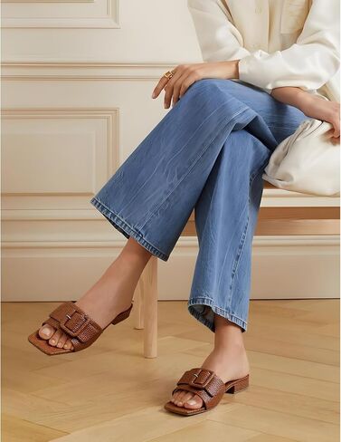 Women's Slide Heeled Sandals Opened Square Toe Chunky Block Heel Slippers with Buckle Slip on Casual Comfortable Pumps in Saudi Arabia