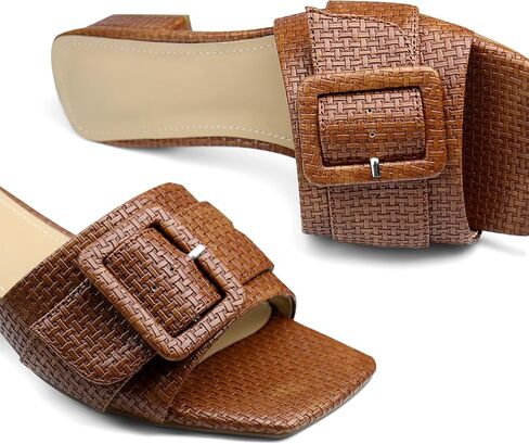 Women's Slide Heeled Sandals Opened Square Toe Chunky Block Heel Slippers with Buckle Slip on Casual Comfortable Pumps in Saudi Arabia