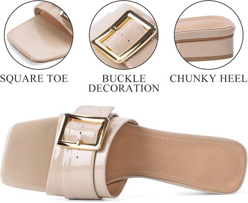 Women's Slide Heeled Sandals Opened Square Toe Chunky Block Heel Slippers with Buckle Slip on Casual Comfortable Pumps in Saudi Arabia