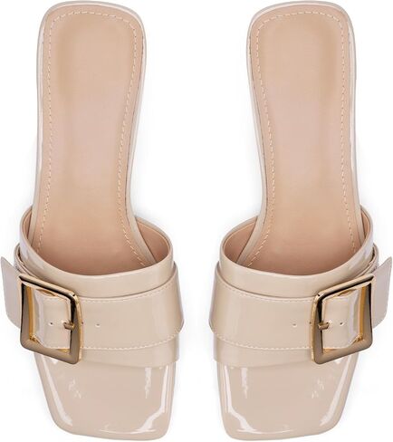 Women's Slide Heeled Sandals Opened Square Toe Chunky Block Heel Slippers with Buckle Slip on Casual Comfortable Pumps in Saudi Arabia