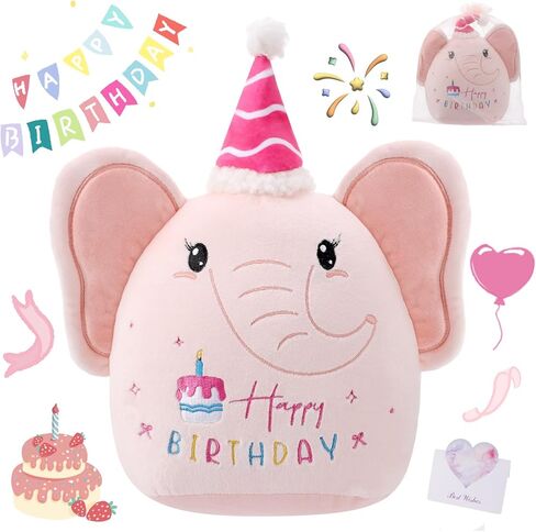 Pink Elephant Birthday Stuffed Animal - 12 Inch Happy Birthday Plush Decorations Gifts for Kids Girl Sister Daughter in Saudi Arabia