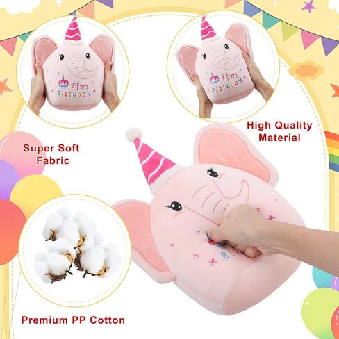 Pink Elephant Birthday Stuffed Animal - 12 Inch Happy Birthday Plush Decorations Gifts for Kids Girl Sister Daughter in Saudi Arabia
