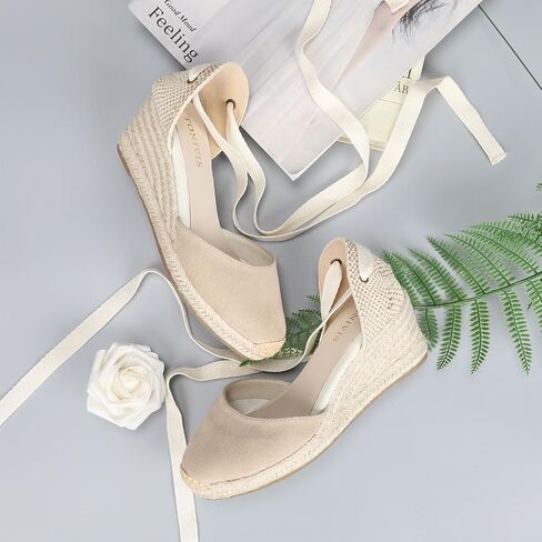 Women’s Platform Wedges Espadrilles, 3" Wedge, Soft Ankle-Tie Strap, Closed Toe, Classic Summer Sandals in Kuwait