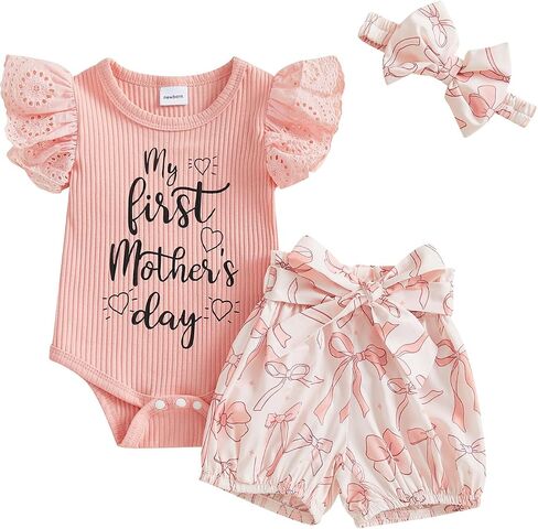 Baby Girl Mothers Day Outfit Newborn Fly Sleeve Ribbed Romper Bows Shorts Headband 3 Piece Summer Clothes Set in Saudi Arabia