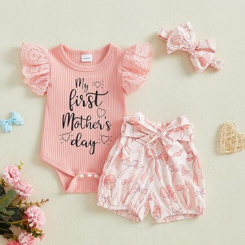 Baby Girl Mothers Day Outfit Newborn Fly Sleeve Ribbed Romper Bows Shorts Headband 3 Piece Summer Clothes Set in Saudi Arabia