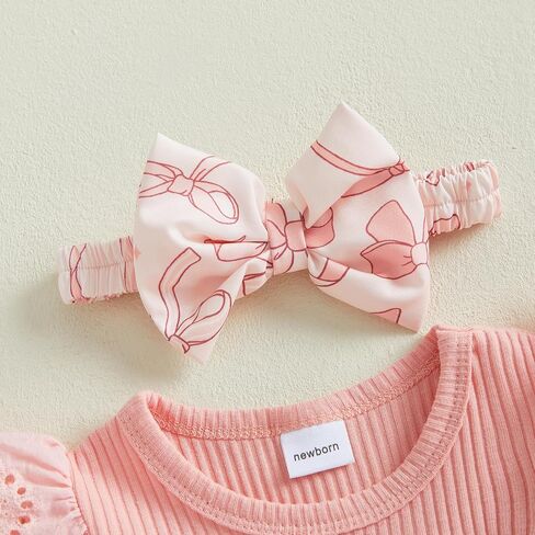 Baby Girl Mothers Day Outfit Newborn Fly Sleeve Ribbed Romper Bows Shorts Headband 3 Piece Summer Clothes Set in Saudi Arabia