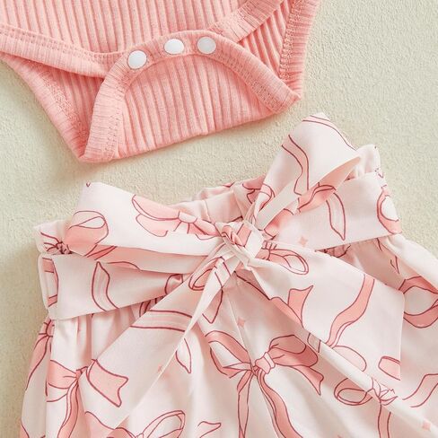 Baby Girl Mothers Day Outfit Newborn Fly Sleeve Ribbed Romper Bows Shorts Headband 3 Piece Summer Clothes Set in Saudi Arabia