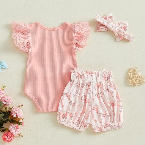 Baby Girl Mothers Day Outfit Newborn Fly Sleeve Ribbed Romper Bows Shorts Headband 3 Piece Summer Clothes Set in Saudi Arabia