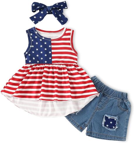 Toddler Baby Girl 4th of July Outfit American Flag Top Shirt + Denim Short Pant Independence Day Set Summer Clothes in Saudi Arabia
