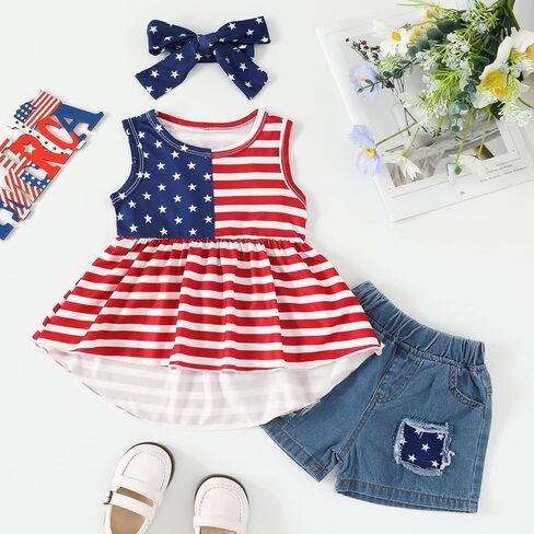 Toddler Baby Girl 4th of July Outfit American Flag Top Shirt + Denim Short Pant Independence Day Set Summer Clothes in Saudi Arabia