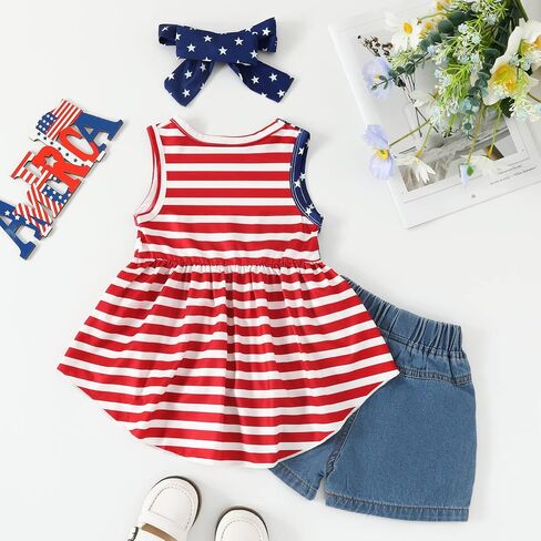 Toddler Baby Girl 4th of July Outfit American Flag Top Shirt + Denim Short Pant Independence Day Set Summer Clothes in Saudi Arabia