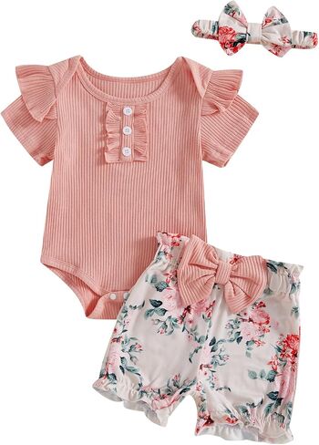 Baby Girl Summer Clothes Rib Knit Romper Jumpsuit Ruffle Sleeve Floral Pattern Shorts Set 3Pcs Headband Outfits in Saudi Arabia