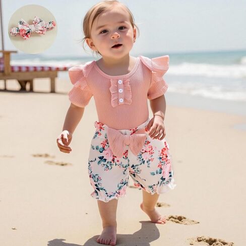 Baby Girl Summer Clothes Rib Knit Romper Jumpsuit Ruffle Sleeve Floral Pattern Shorts Set 3Pcs Headband Outfits in Saudi Arabia