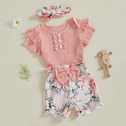 Baby Girl Summer Clothes Rib Knit Romper Jumpsuit Ruffle Sleeve Floral Pattern Shorts Set 3Pcs Headband Outfits in Saudi Arabia