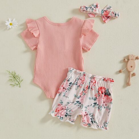 Baby Girl Summer Clothes Rib Knit Romper Jumpsuit Ruffle Sleeve Floral Pattern Shorts Set 3Pcs Headband Outfits in Saudi Arabia