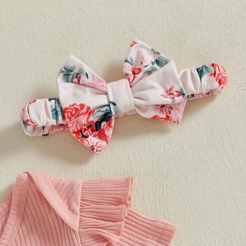 Baby Girl Summer Clothes Rib Knit Romper Jumpsuit Ruffle Sleeve Floral Pattern Shorts Set 3Pcs Headband Outfits in Saudi Arabia