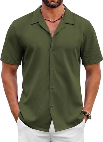 COOFANDY Mens Cuban Shirt Short Sleeve Casual Button Down Shirts Textured Summer Beach Top in Saudi Arabia