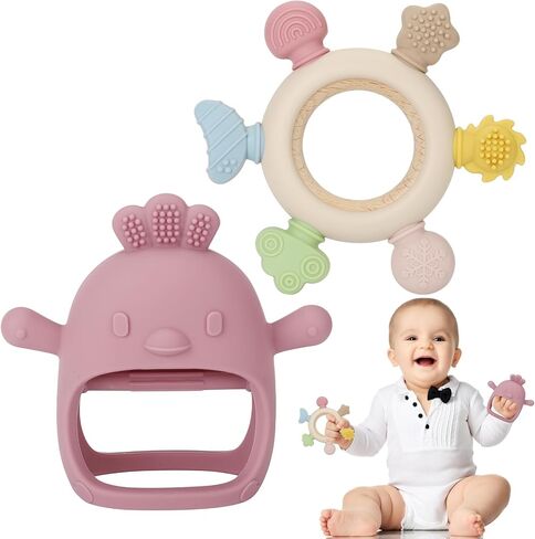 Socub 2 Pack Baby Teething Toys for Babies 0-6 Months, Silicone Teething Mitten and Wooden Ring Toy for Babies 6-12 Months, No Drop Teether Mitten and Ring Teether for Teething Relief(Dark Pink) in Saudi Arabia