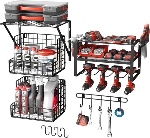 Power Tool Organizer Wall Mount - Multifunctional Garage Organization with Hanging Hooks and Baskets, Wall Shelving Drill Holder, Gift for Man Storage Rack, Black in Kuwait