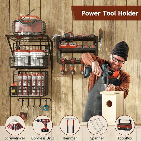 Power Tool Organizer Wall Mount - Multifunctional Garage Organization with Hanging Hooks and Baskets, Wall Shelving Drill Holder, Gift for Man Storage Rack, Black in Kuwait