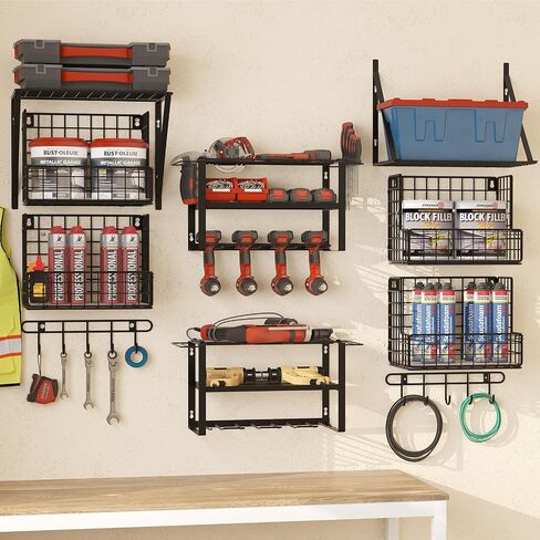 Power Tool Organizer Wall Mount - Multifunctional Garage Organization with Hanging Hooks and Baskets, Wall Shelving Drill Holder, Gift for Man Storage Rack, Black in Kuwait